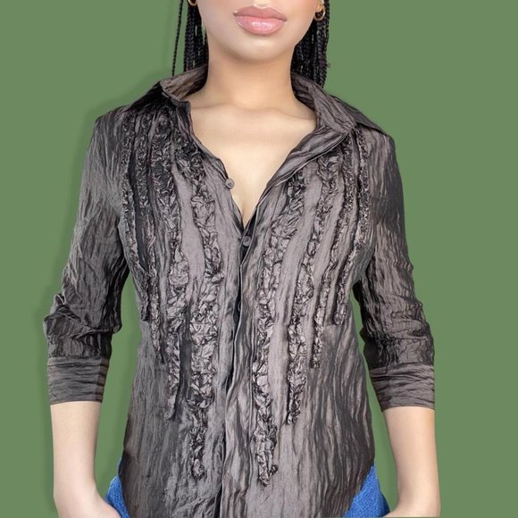Brown Sheer Ruffle Button Up - Picture 3 of 5